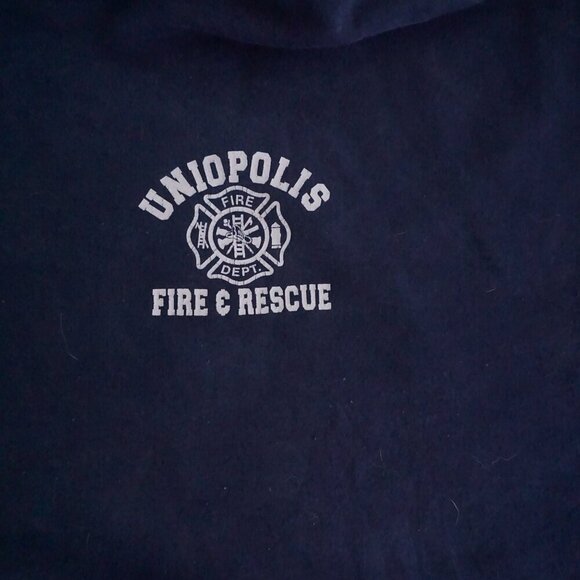 Vintage '90s Gildan Navy Uniopolis Fire & Rescue Cotton Hoodie Sweatshirt 2XL - Picture 5 of 11